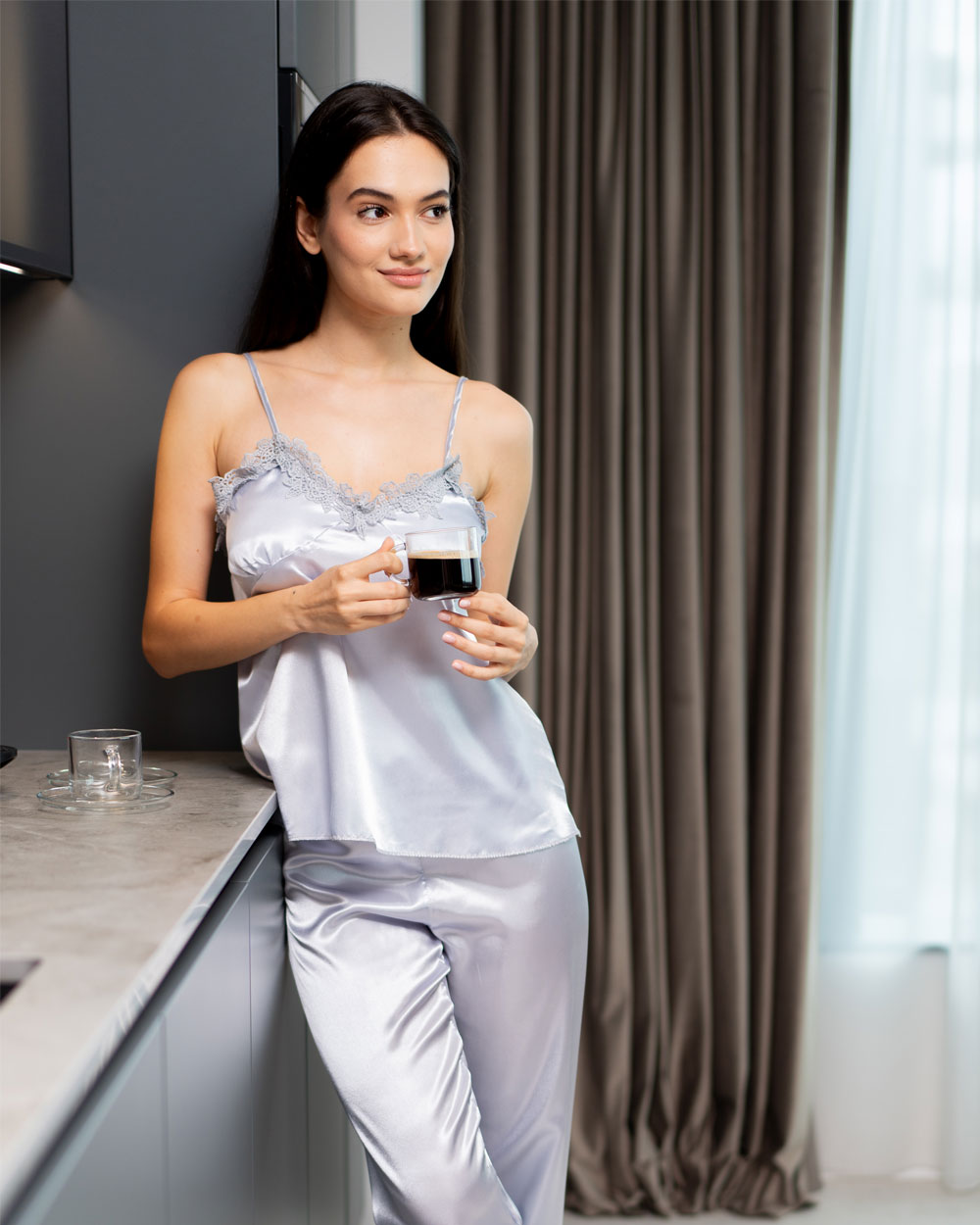 Set 5 pijamale din Satin, Gri