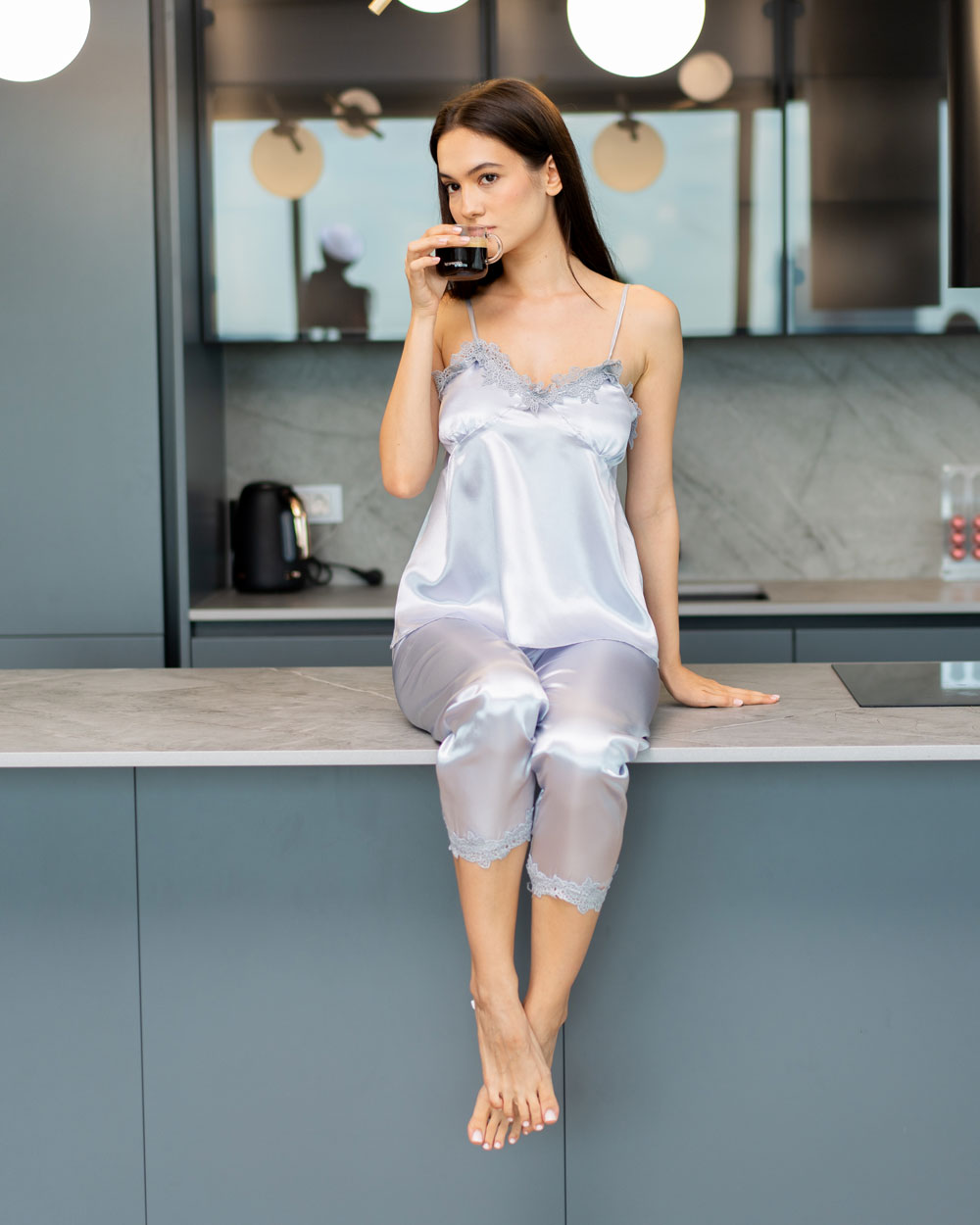 Set 5 pijamale din Satin, Gri