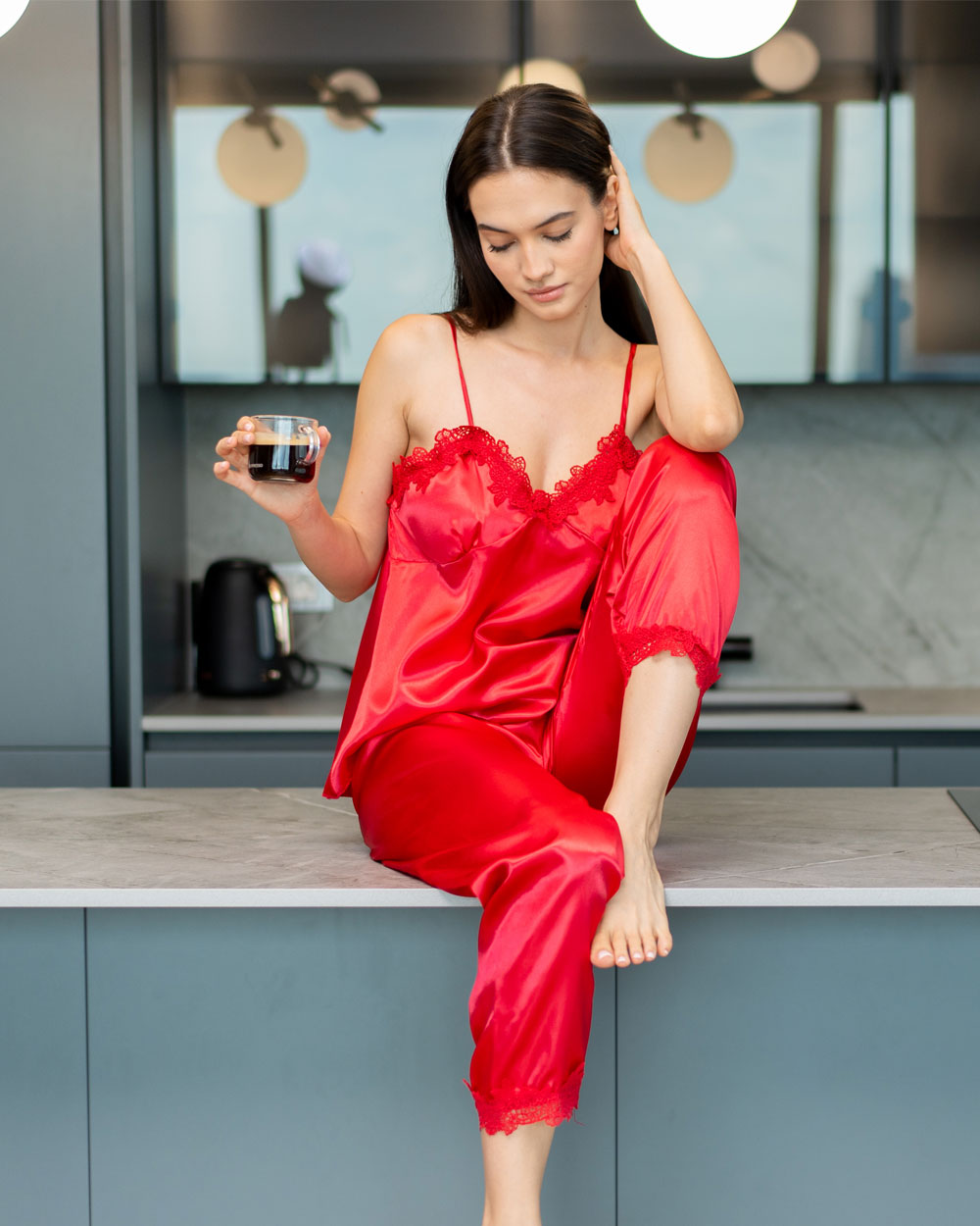 Set 5 pijamale din Satin, Rosu