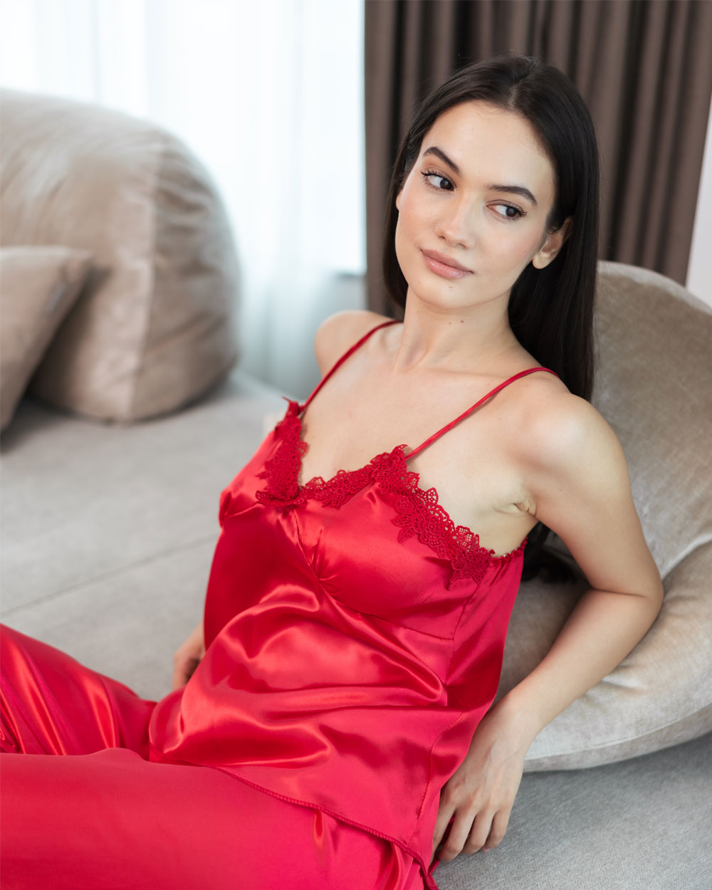 Set 5 pijamale din Satin, Rosu