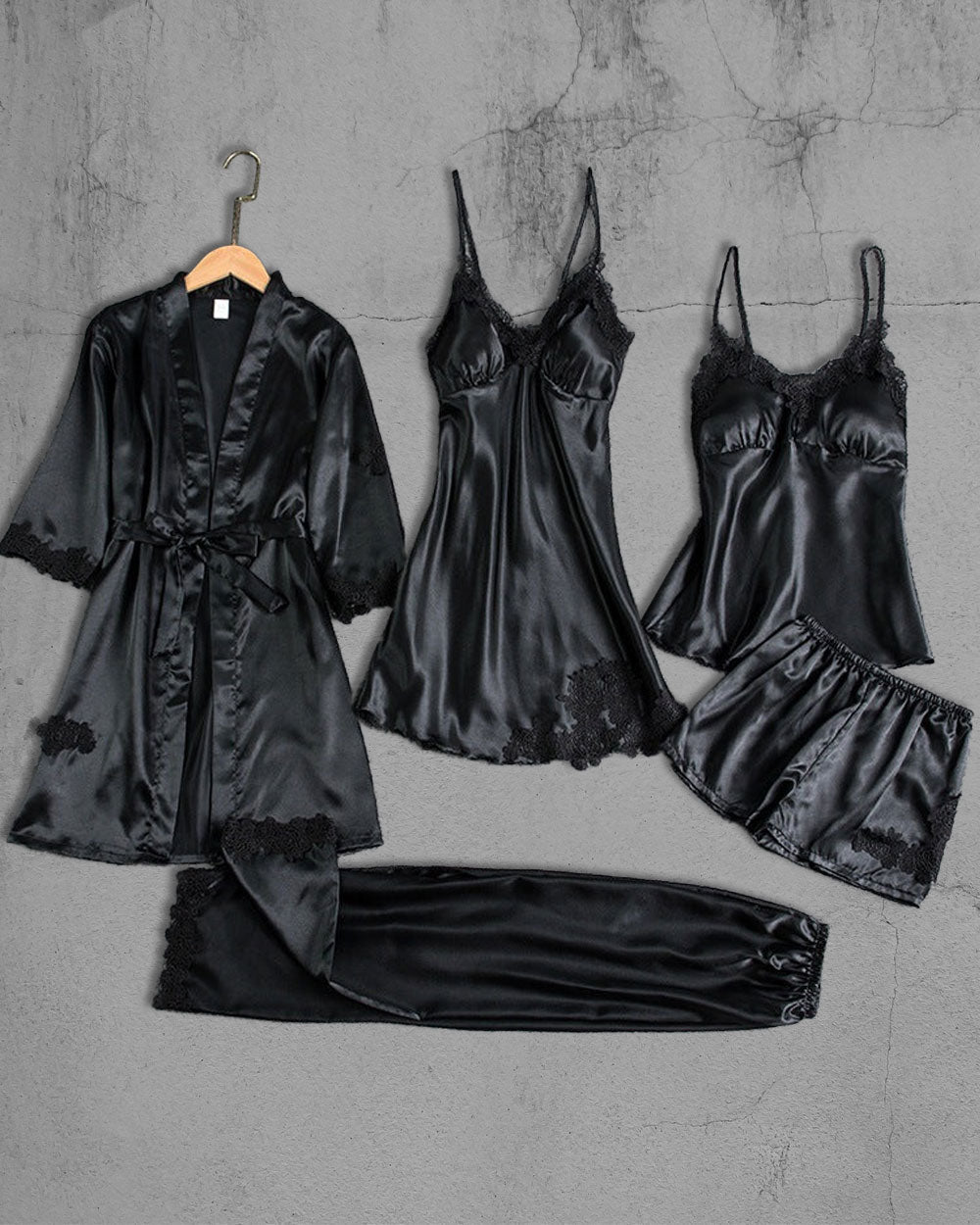 Set 5 pijamale din Satin, Negru