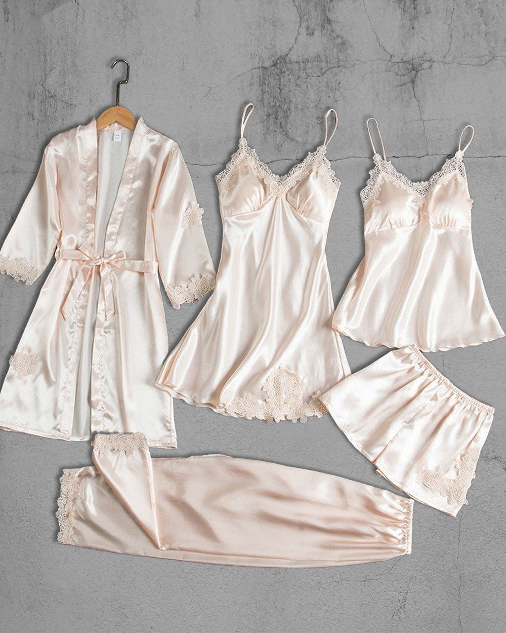 Set 5 pijamale din Satin, Champagne