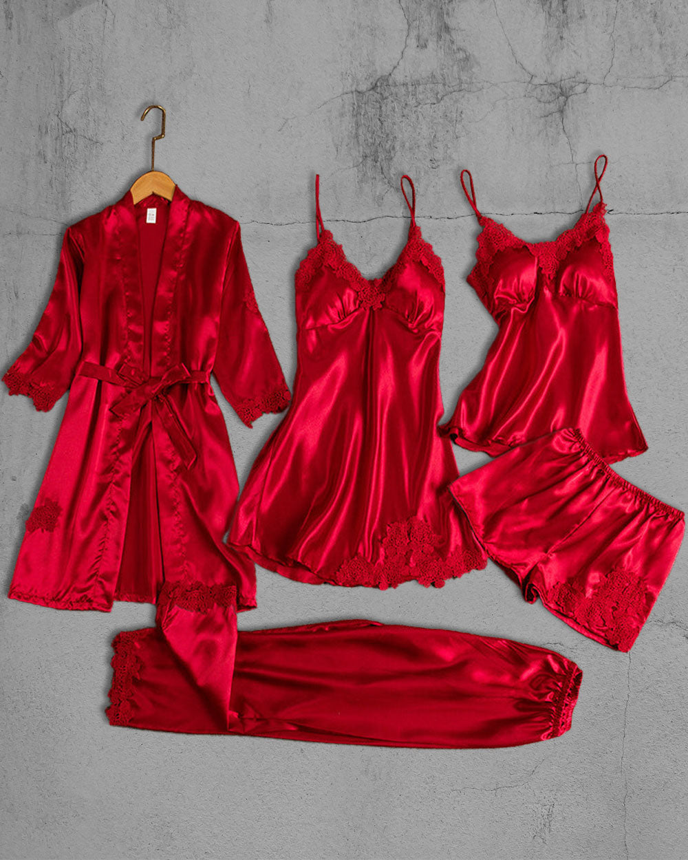 Set 5 pijamale din Satin, Rosu