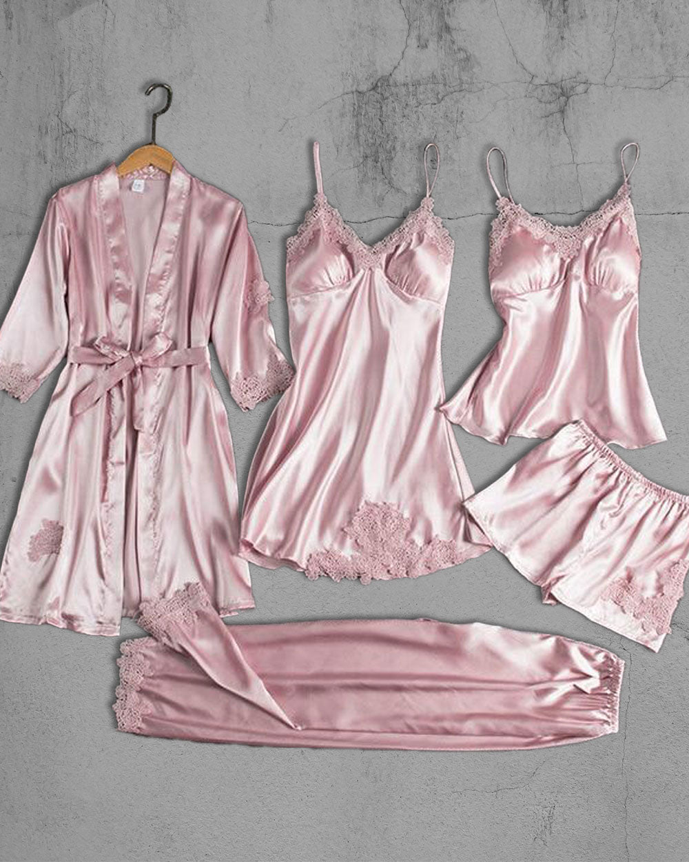 Set 5 pijamale din Satin, Roz